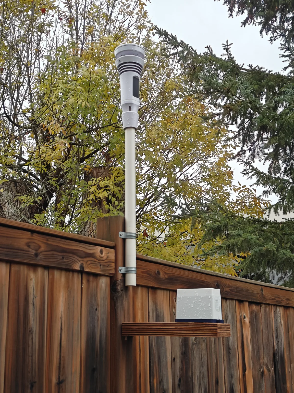 The Tempest ’26 on a white pole clamped to a fence post, above a wooden shelf holding the Ecowitt rain gauge